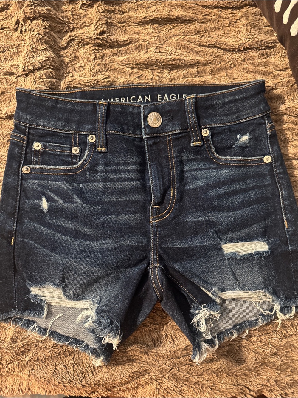 American Eagle Outfitters Dark Blue Distressed Denim Jean Shorts